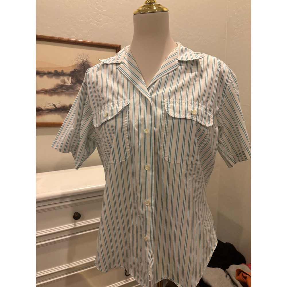 Vintage coastal Striped Button Down Separate Issue Teal White Short Sleeve Camp